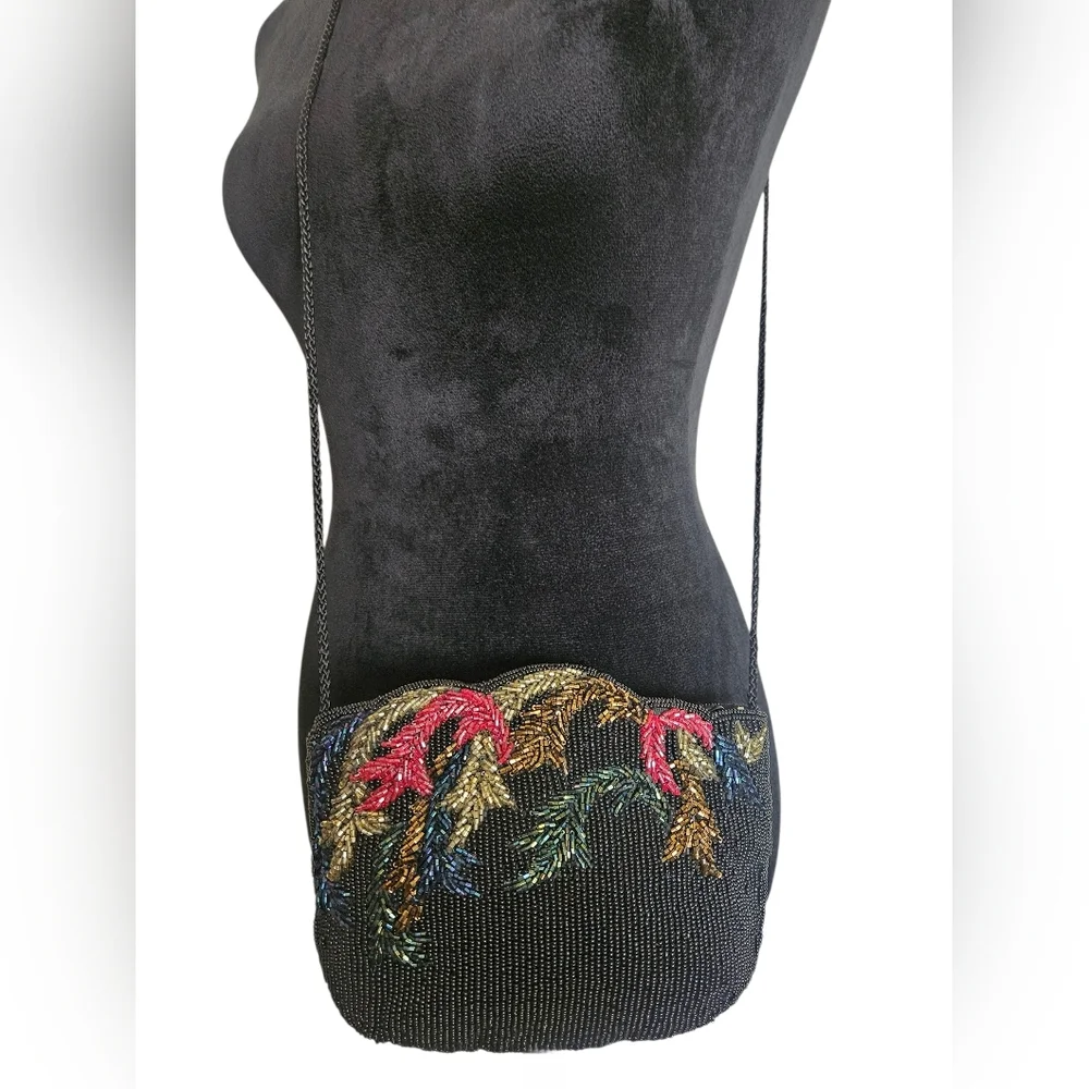 Vintage 80's Carla Marchi Beaded Black Multicolor Leaf Embroidered Shoulder Bag